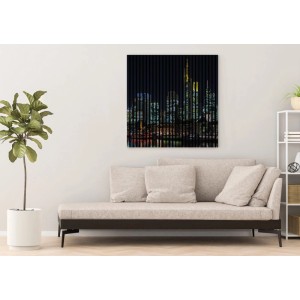 FN Acustico Akustikplatte Frankfurt mit Skyline-Motiv im Wohnraum.
