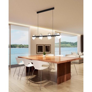 Moderne Eglo Hängeleuchte Hornwood, 4-flammig, schwarz-weiß, über Esstisch.