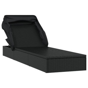 Schwarze vidaXL Sonnenliege mit Faltdach aus Poly Rattan, ideal für Garten, Balkon oder Camping.