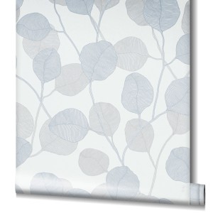 Weiße Marburg Vliestapete mit blau-grauem Blattmotiv (GZSZ Kollektion).