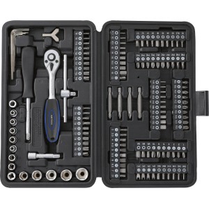 130-teiliges LUX Steckschlüssel-Set im Koffer: Knarre, Nüsse, Bits und Zubehör für Schraubarbeiten.