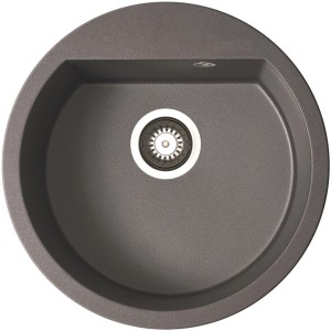 Runde Pyramis Granitspüle Alazia, 51 cm, in Iron Grey mit Siebkorbventil.