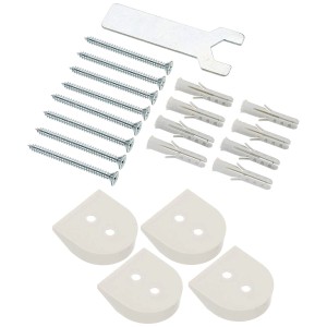 Montage-Zubehör für Abus Tür- und Treppengitter Finn: Schrauben, Dübel, Winkel und Schlüssel.