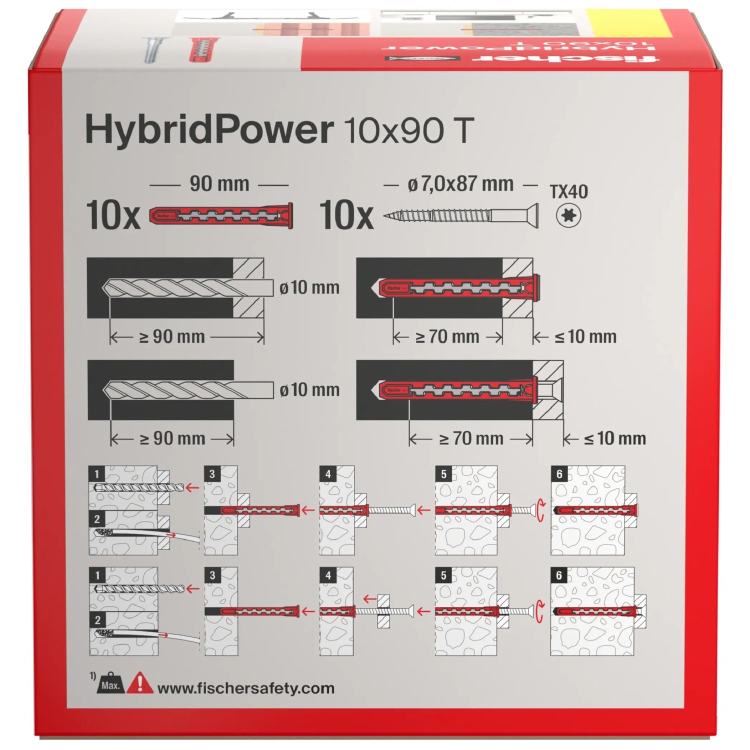 Fischer HybridPower Dübel, 10x90 mm, 10er-Pack. Universaldübel für sichere Befestigungen in verschiedenen Baustoffen.