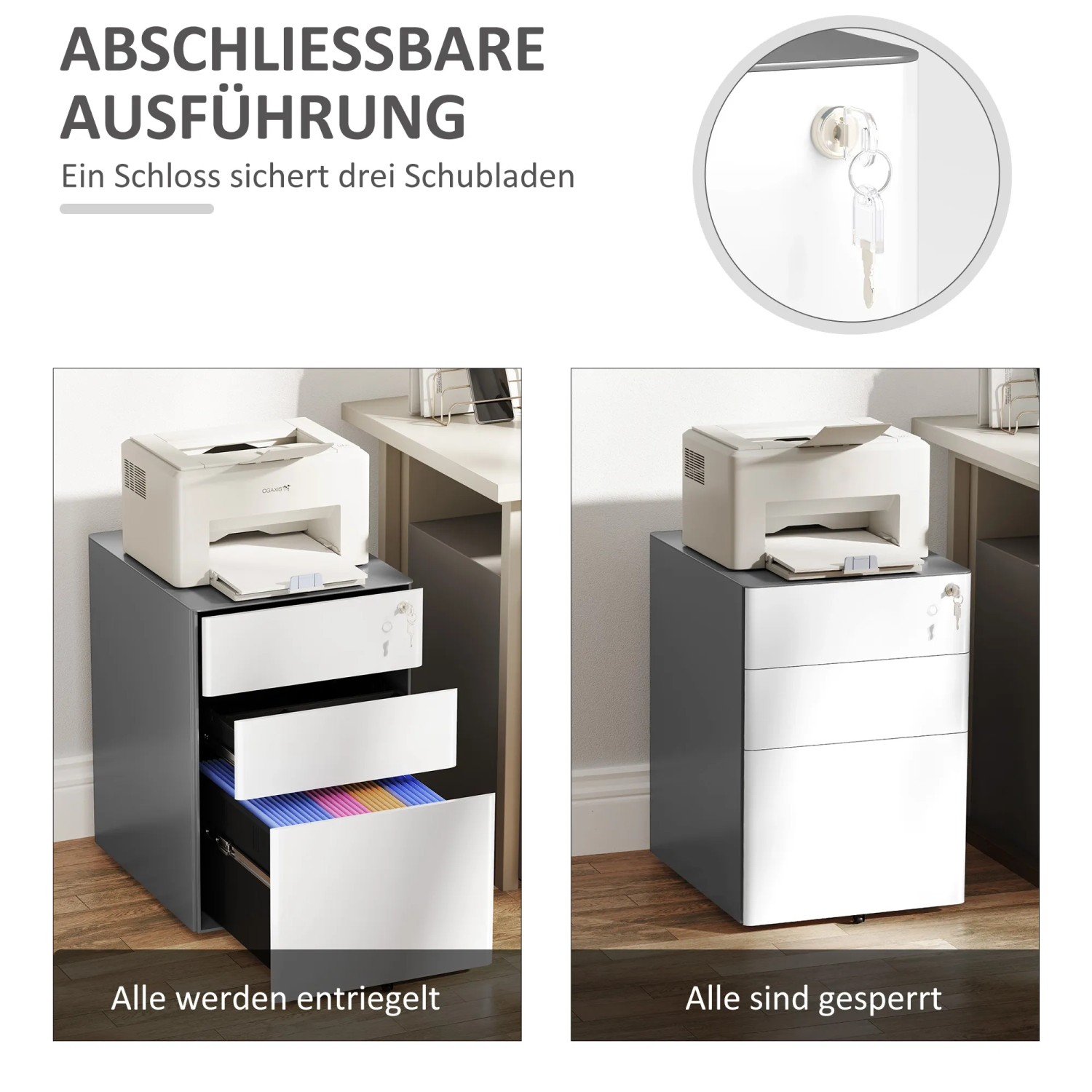 Aktenschrank Mit 3 Schubladen & Schloss, Mobil, 37x44x60 Cm – Stahl, Unter Dem Schreibtisch, Für A4-Ordner