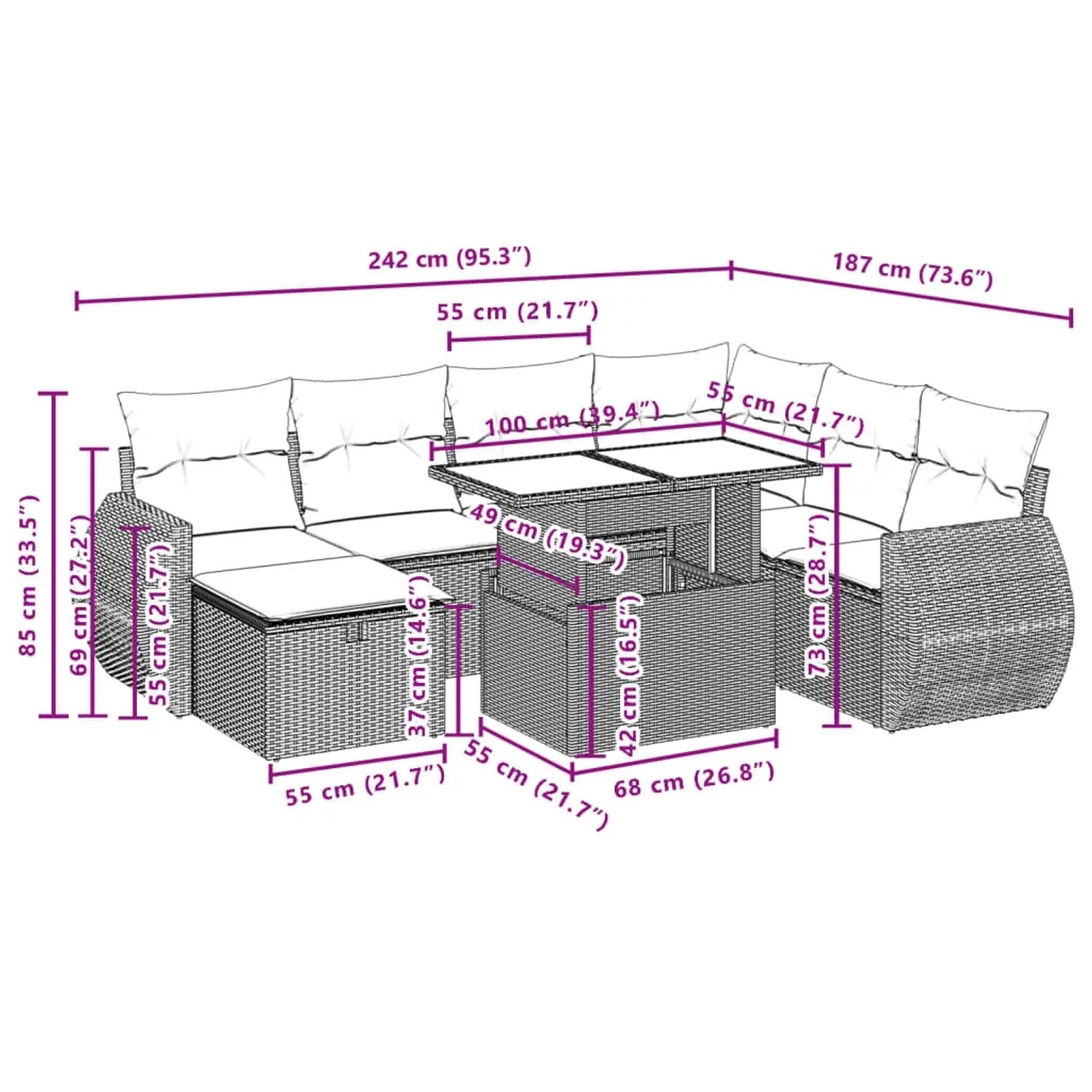 vidaXL 8-tlg. Garten-Sofagarnitur Grau Poly Rattan mit Kissen und Tisch mit Glasplatte.