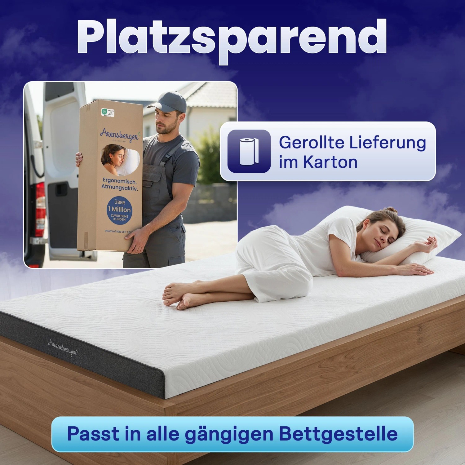 Arensberger GEL-Matratze ANNA 180x200 cm: Frau schläft auf der Matratze, Lieferung im Karton.