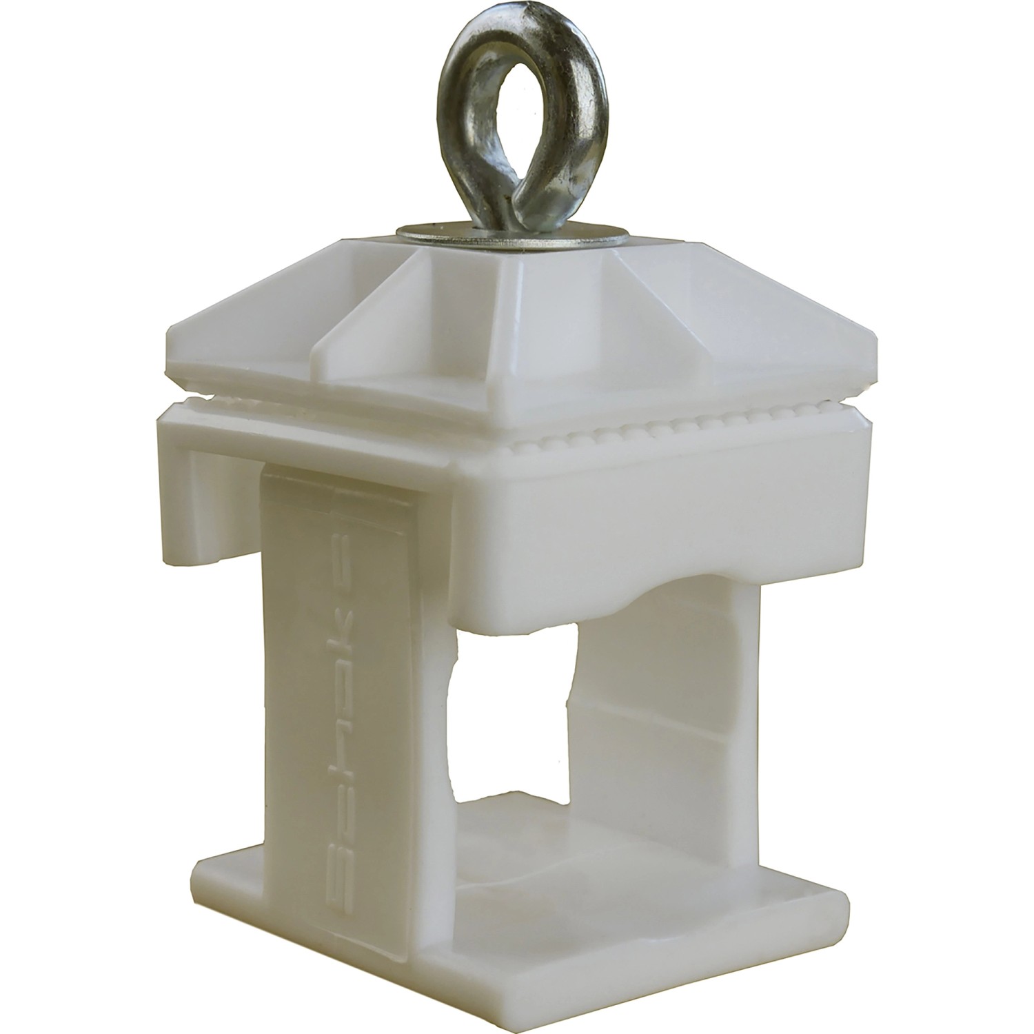 Weiße Schake Schilderklemme aus Kunststoff ohne Ösen und Haken für Baugeräte.