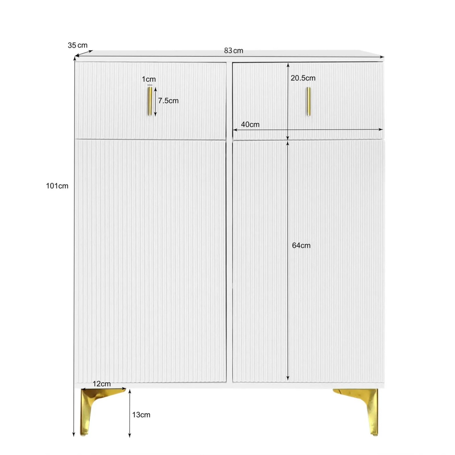 Weißes Sideboard Schuhschrank mit strukturierter Front, zwei Türen, zwei Schubladen und goldenen Akzenten. Modernes Design.