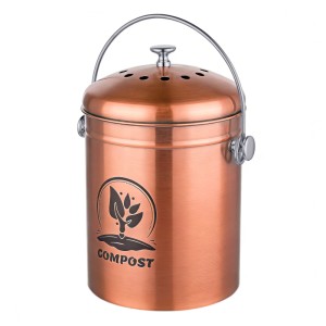 Kupferfarbener Edelstahl Komposteimer mit Henkel, Deckel mit Geruchsfilter und "COMPOST" Aufdruck für Küchenabfälle.