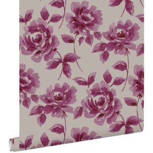ESTAhome Tapete Aquarell Gemalte Rosen Aubergineviolett Und Taupe 53 Cm X 1005 Cm 128017