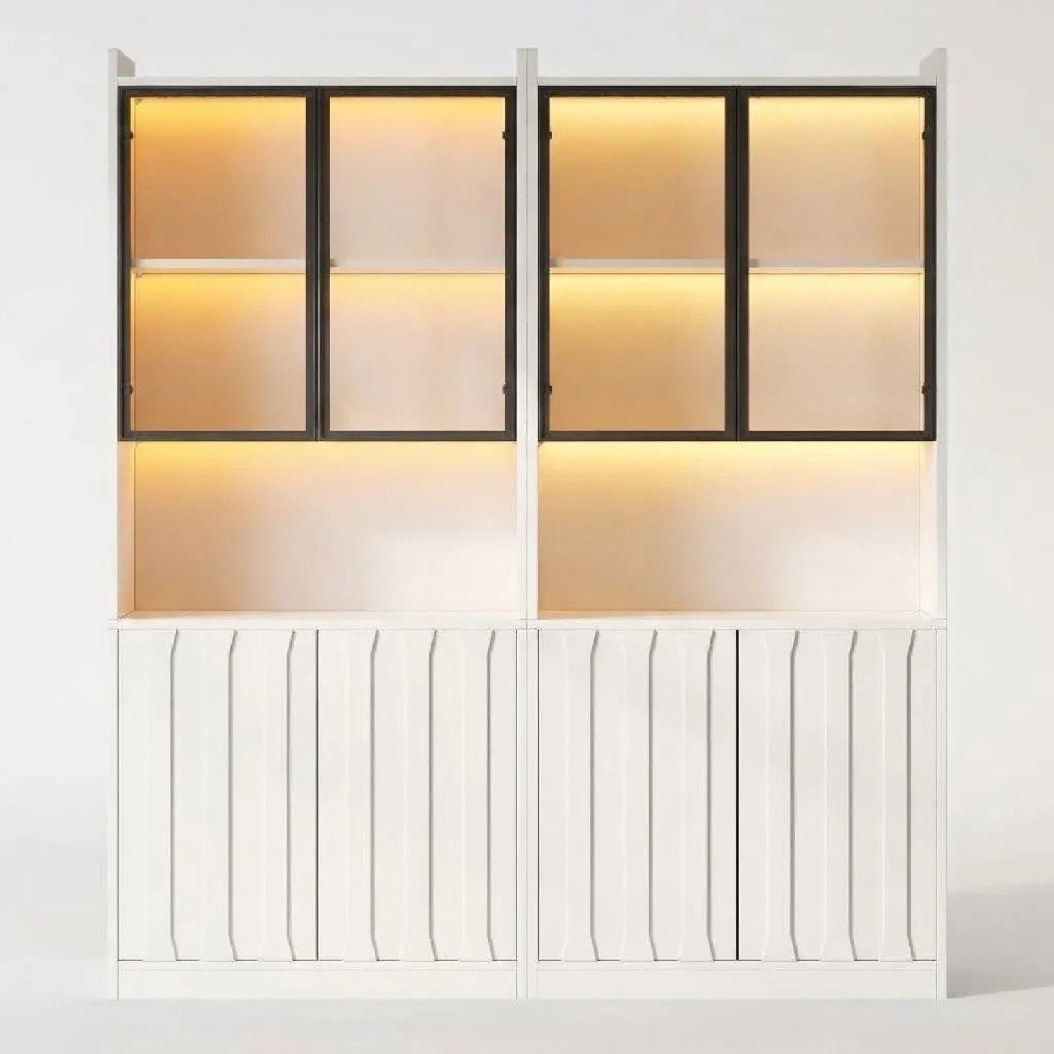Merax Vitrine Set 2 Teilig mit LED Glastüren Offenen Fächern Weiß