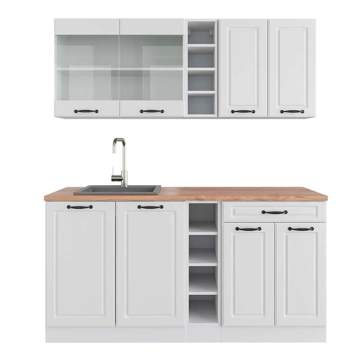 Vicco R-Line Singleküche Weiß Landhaus Weiß 160 cm AP Eiche ohne E-Geräte