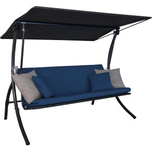 Angerer Hollywoodschaukel Motion Smart Denim mit blauem Bezug und Sonnendach.