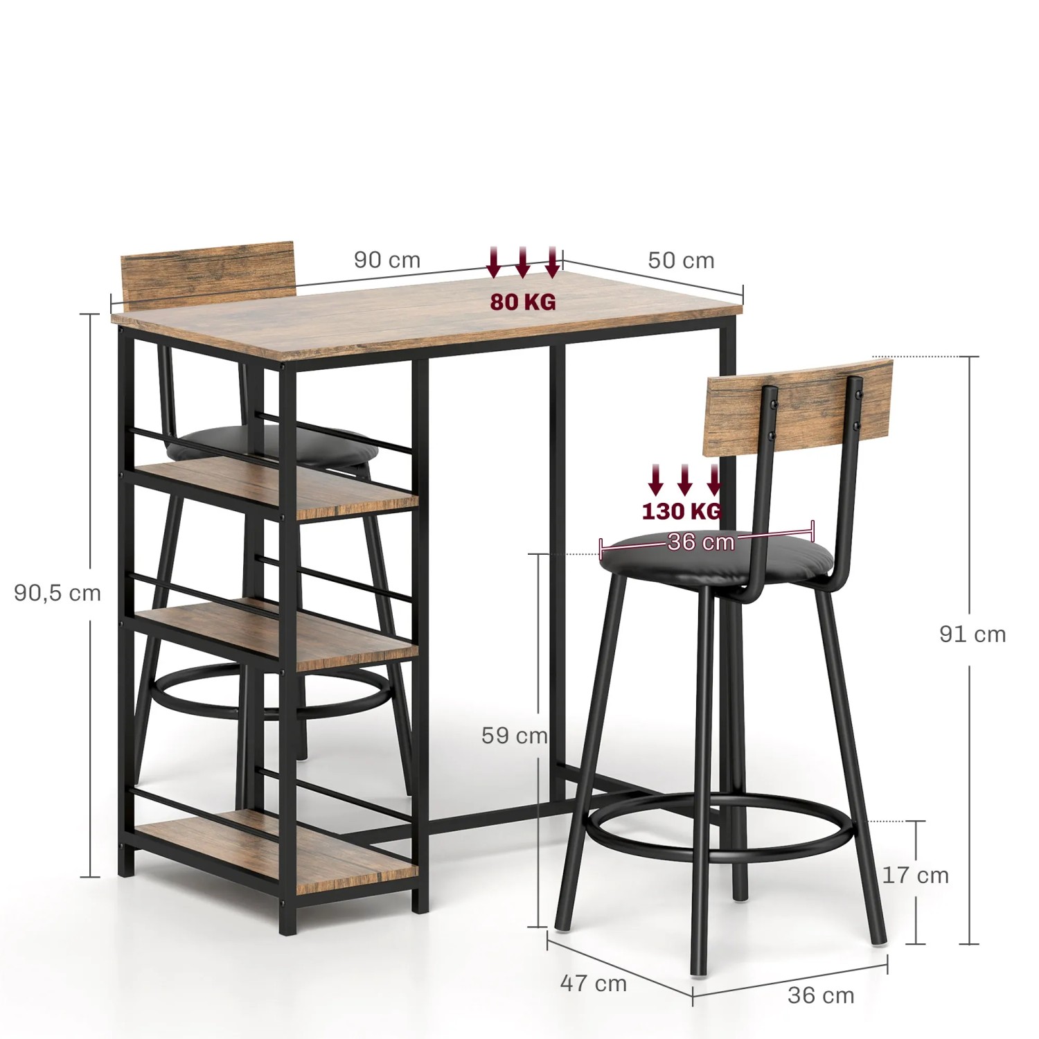 HOMCOM Bartisch Set, 3-teilig, Eichefarben mit Stahlrahmen und Barhockern.