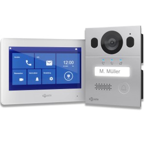 Goliath 2-Draht Video Türsprechanlage mit Monitor und Außenstation in Weiß/Silber.