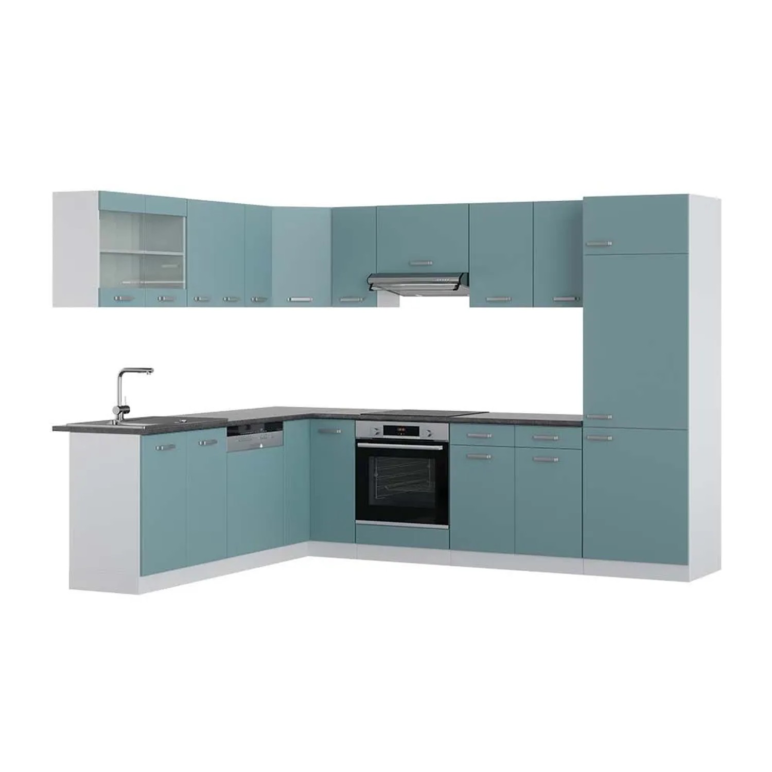 Vicco Eckküche R-Line Blau-Grau/Weiß 287 x 82, AP Anthrazit