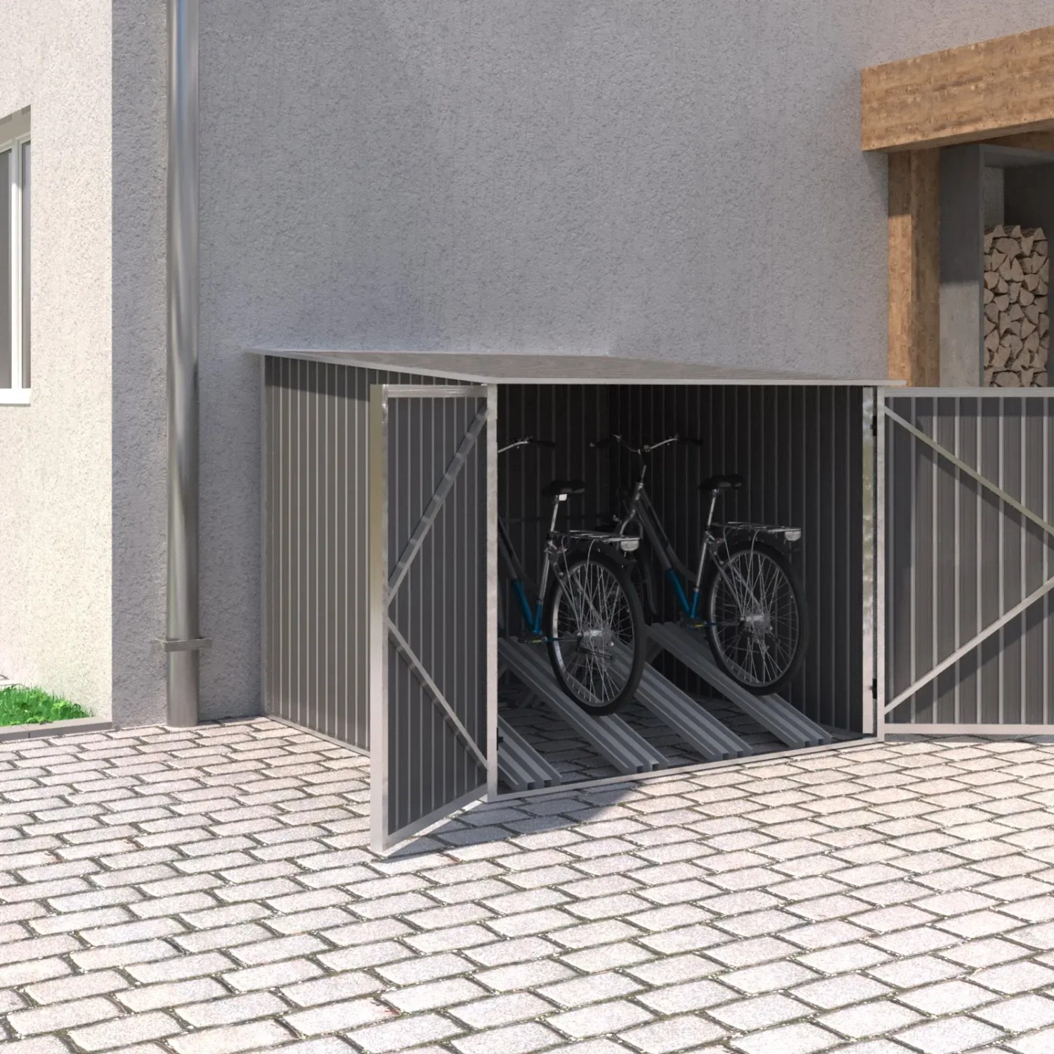 Graue Hattoro Fahrradgarage aus Metall mit zwei Fahrrädern und geöffneten Türen.