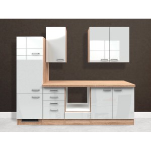 Flex-Well Küchenzeile Valero, 270 cm, Weiß Hochglanz, ohne E-Geräte. Einbauküche mit Holzoptik Arbeitsplatte.
