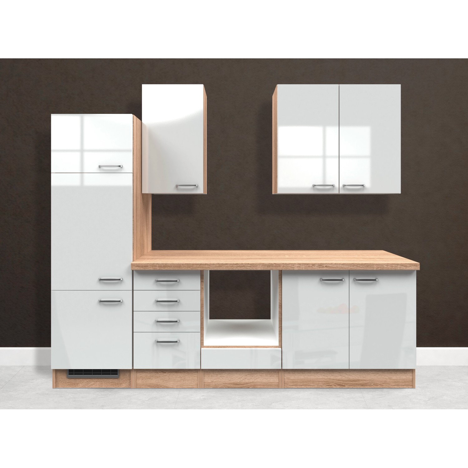 Flex-Well Exclusiv Küchenzeile/Küchenblock Valero 270 cm ohne E-Geräte Hochglanz Weiß