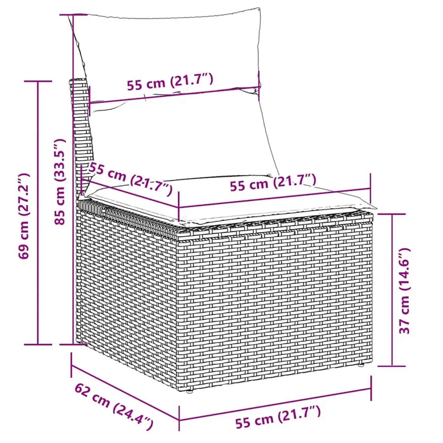 vidaXL Gartenmöbel: Schwarzes Rattan Sofa mit Kissen, Maße eingezeichnet.