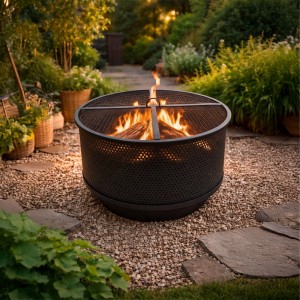 Relaxdays Feuerschale Stahl Schwarz mit Grillrost Funkenfang Hitzeschild 38 cm x Ø 61 cm 13,2 kg