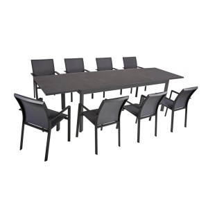 DELUKE Garten-Sitzgruppe EERO 9-tlg. Kunststoff Grau Gartenmöbel-Set Gartengarnitur Garten-Essgruppe Stapelstühle Esstisch Ausziehbar
