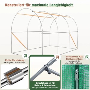 Stabiles Foliengewächshaus: verzinkter Stahlrahmen, Schutzklappen und verstärkter Reißverschluss für Langlebigkeit.