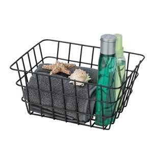 Schwarzer Wenko Drahtkorb Viana mit Handtuch, Seestern und Kosmetikflaschen, 18x25x12 cm.