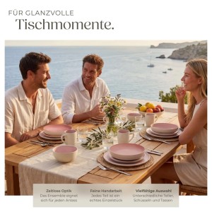 Tectake Kombiservice Mare, rosa, für 6 Personen. Geschirrset mit Tellern, Tassen und Schüsseln auf gedecktem Tisch.