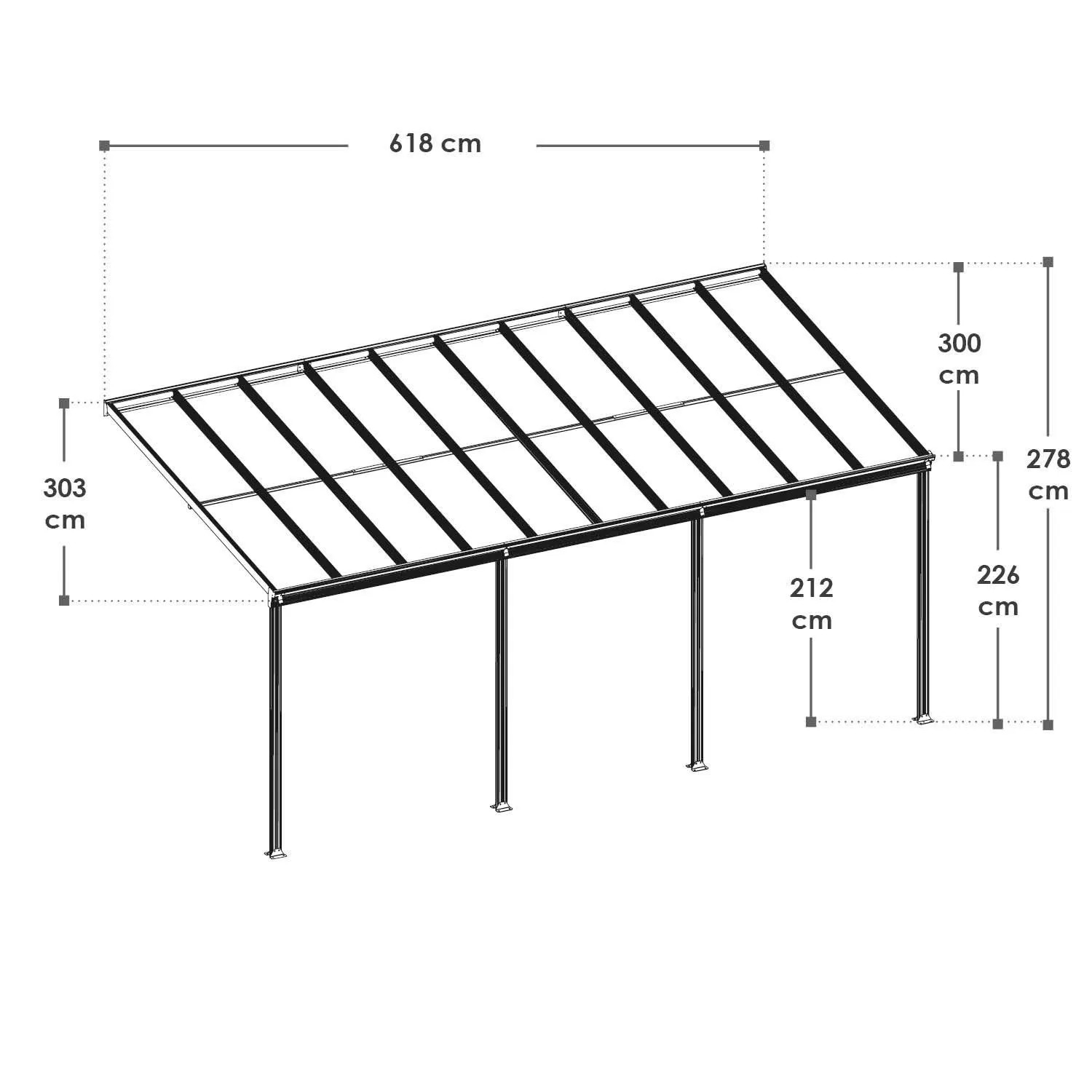 Skizze des Juskys Terrassendachs Borneo 6x3m, weiße Aluminiumkonstruktion mit transparenten Doppelstegplatten.