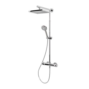 Verchromtes Schulte ExpressPlus Duschsystem Rain mit eckigem Duschkopf und Thermostat.