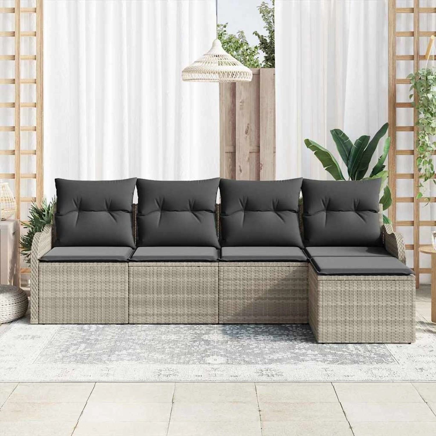 Hellgraues 5-tlg. Garten-Sofa-Set aus Poly Rattan mit Kissen.