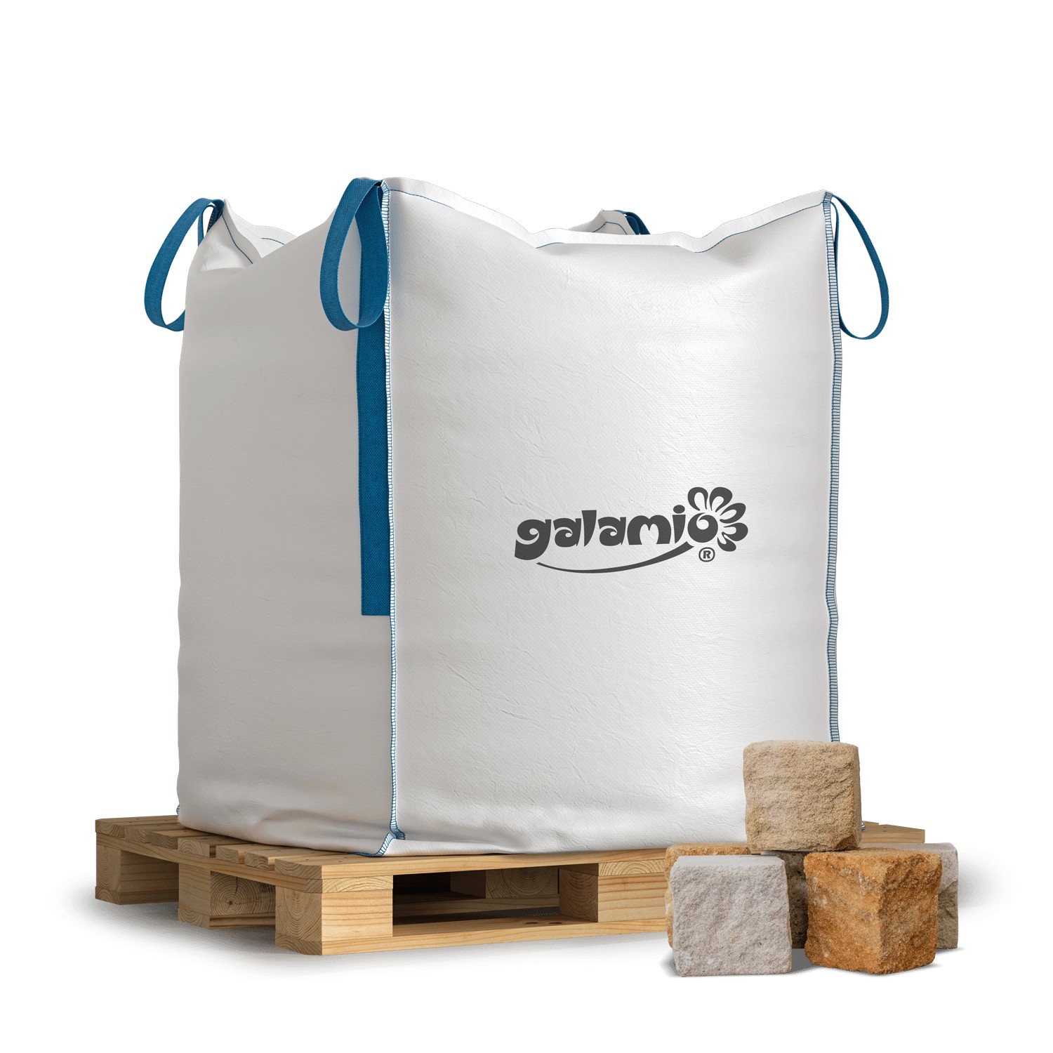 Bigbag mit Galamio Sandsteinpflaster 6/8 gesägt & gebrochen auf Palette. Pflastersteine in Beige-Gelb.