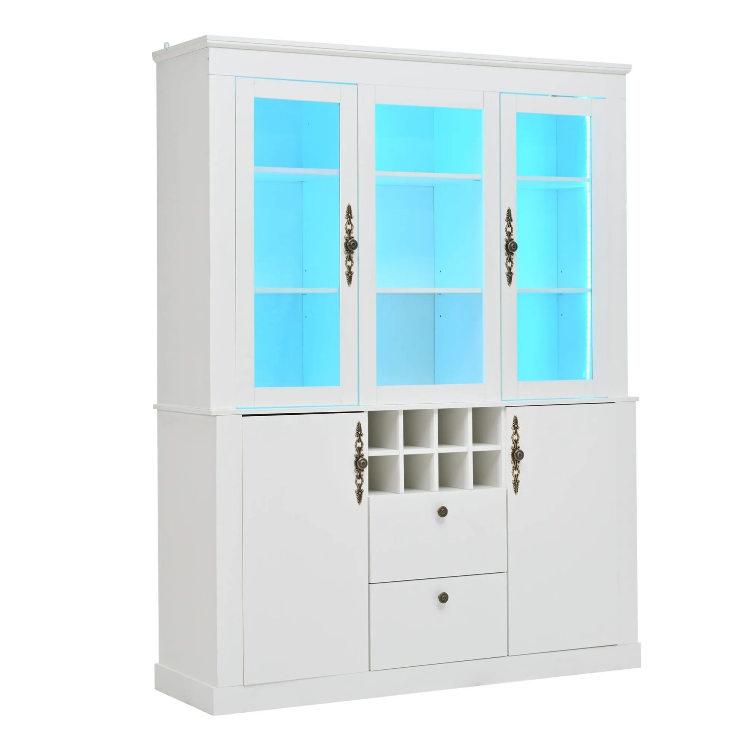 okwish Vitrine mit 2 Schubladen LED Beleuchtung Wohnzimmer 130x37.5x170.5cm Weiß