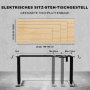 Höhenverstellbares Schreibtischgestell in Schwarz mit Maßangaben für Tischplatten.