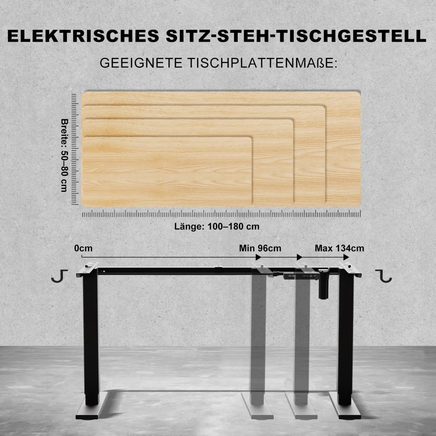 Höhenverstellbares Schreibtischgestell in Schwarz mit Maßangaben für Tischplatten.