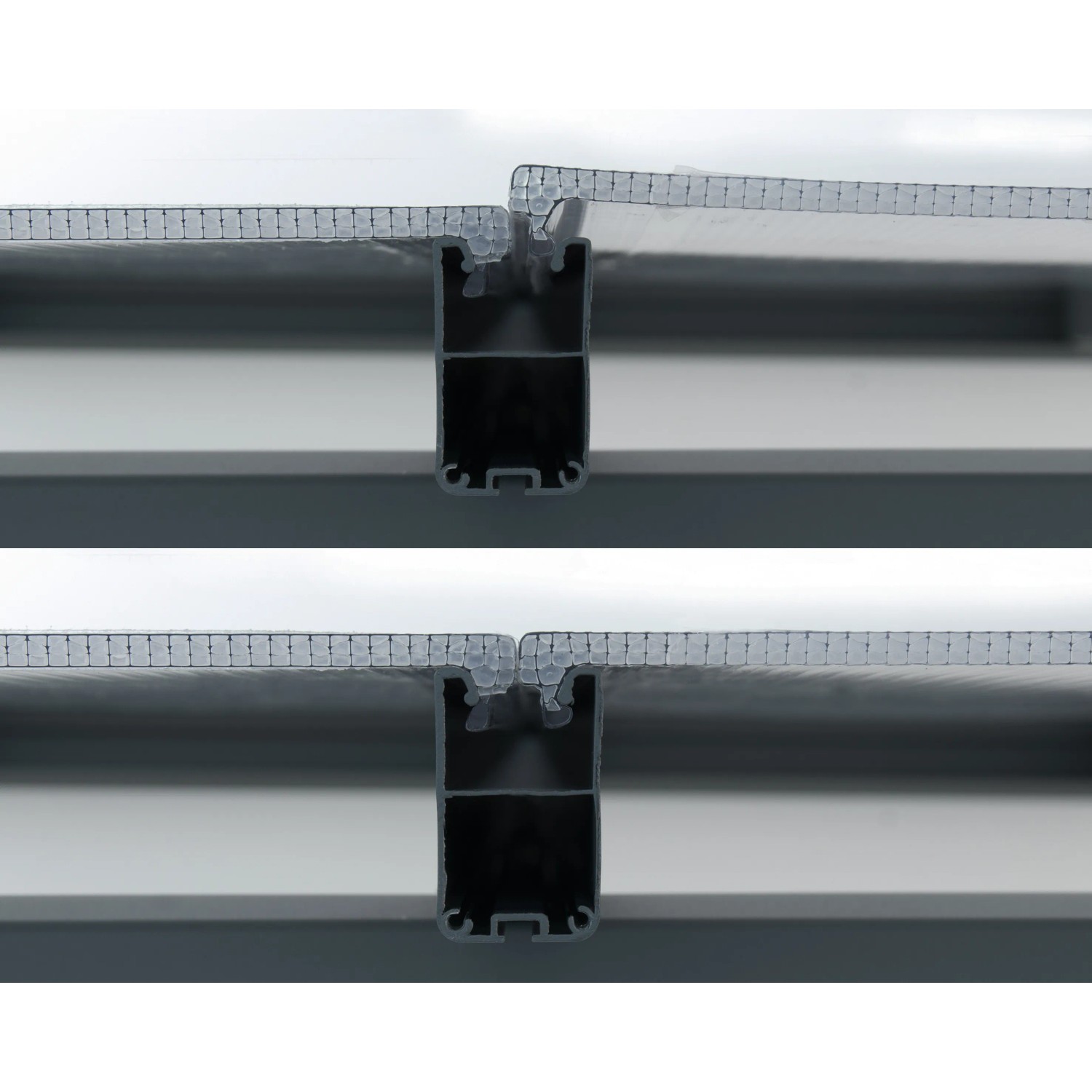 Detailaufnahme: Palram Canopia Terrassenüberdachung, Verbindung von Polycarbonatplatten.