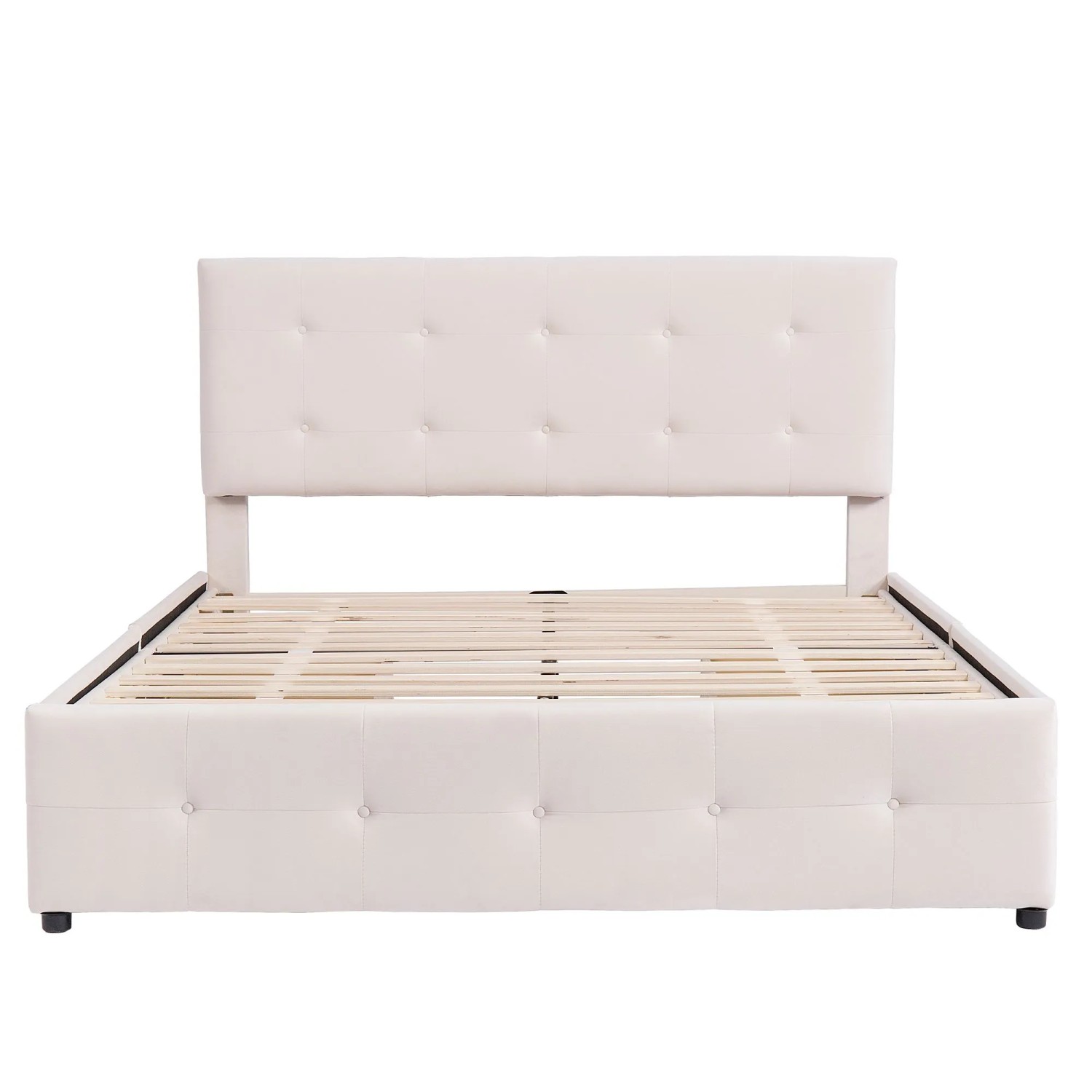 KOMHTOM Polsterbett  140 x 200 Cm  Doppelbett Mit Schubladen  Lattenrost Und Kopfteil  Erwachsenenbett  Jugendbett  Samt  Beige  Ohne Matratze