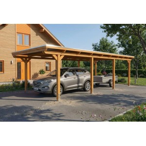 Heller Holzcarport Emsland mit Flachdach schützt Auto und Anhänger. Robuste Leimholz-Konstruktion in Eiche Hell.