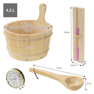 LuxeBath Saunazubehör aus Holz Eimer Kelle Thermo-Hygrometer Sanduhr