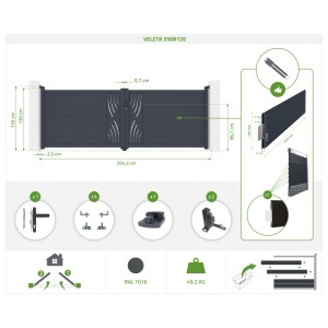 Casanoov Flügeltor Veleta 3,5 m mit Pfosten, Aluminium, grau. Gartentor-Set mit Zubehör.