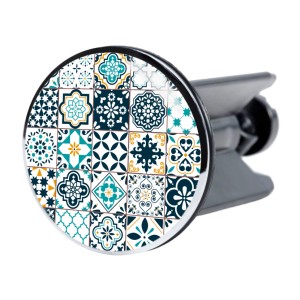 Sanilo Waschbeckenstöpsel Palazzo mit blau-weißem Fliesenmuster für handelsübliche Waschbecken.