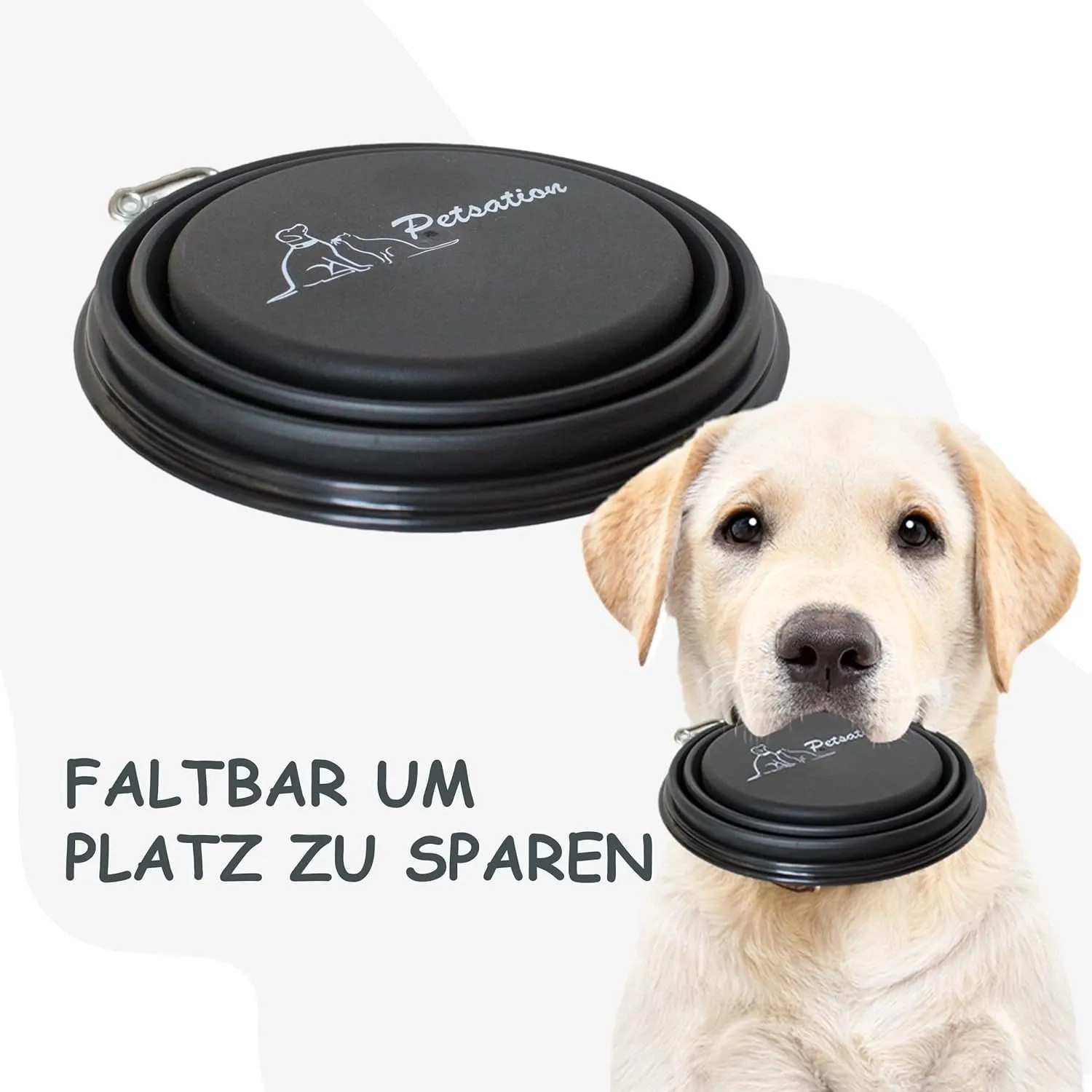 Petsation faltbarer Reisenapf, 2000 ml, schwarz. Hund mit Napf im Maul.