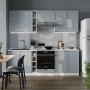Moderne Vicco Fame-Line Küchenzeile in Hellblau-Grau/Weiß mit Eiche Arbeitsplatte, 235 cm breit.