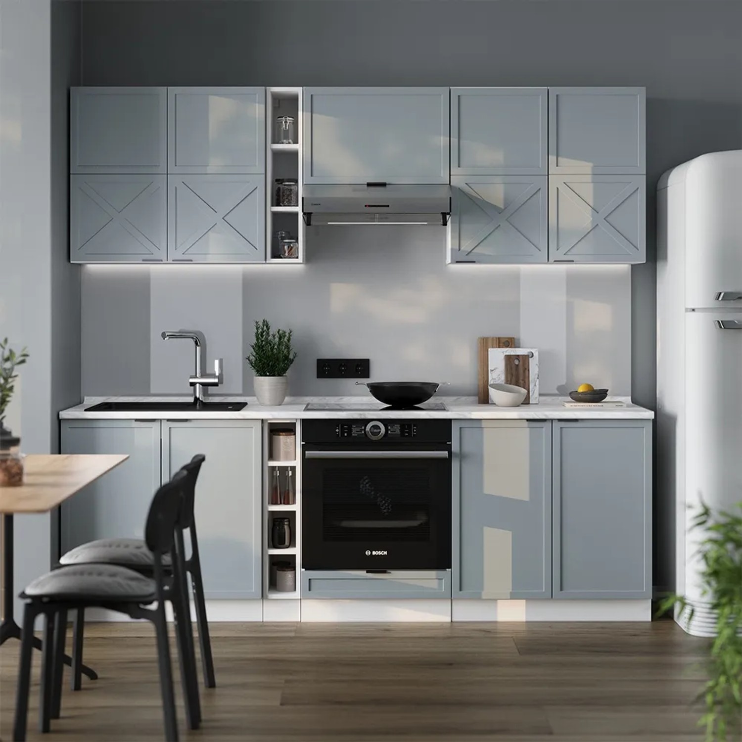 Moderne Vicco Fame-Line Küchenzeile in Hellblau-Grau/Weiß mit Eiche Arbeitsplatte, 235 cm breit.