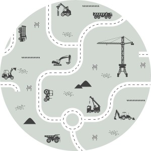 ESTAhome selbstklebende, runde Tapete mit Fahrzeugen in Mintgrün, Ø 70 cm.