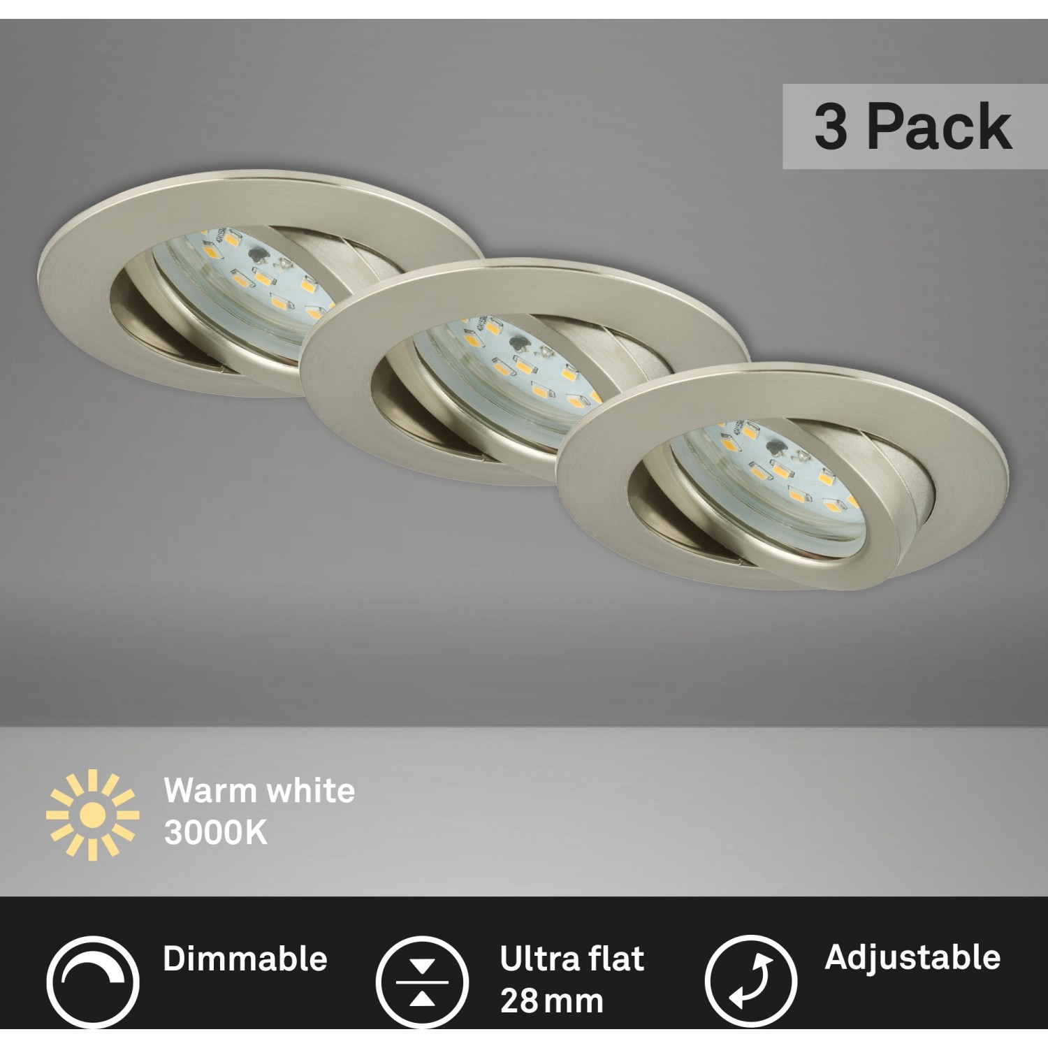 Briloner LED-Einbauleuchte 3er-Set dimmbar, schwenkbar Nickel matt