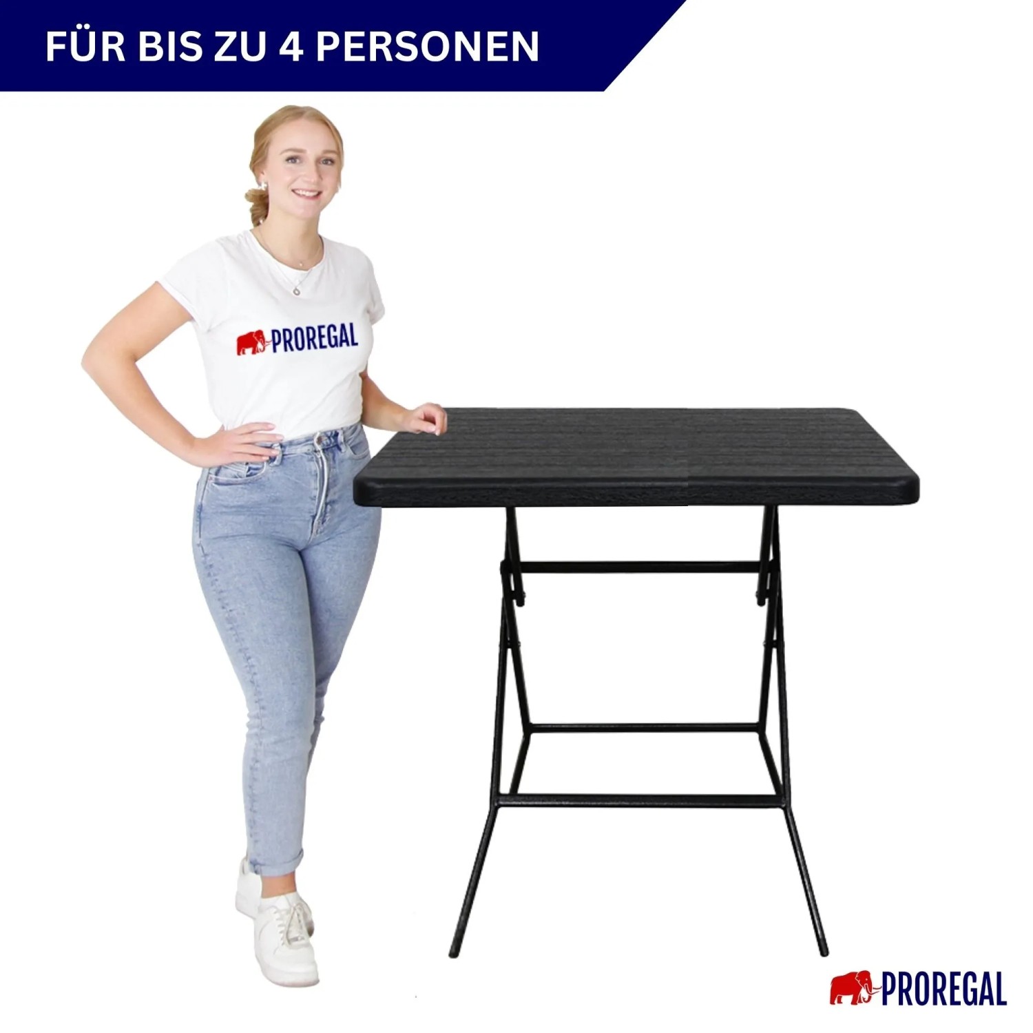 Schwarzer, klappbarer CHEFGASTRO Balkontisch aus Kunststoff in Holzoptik für 4 Personen.