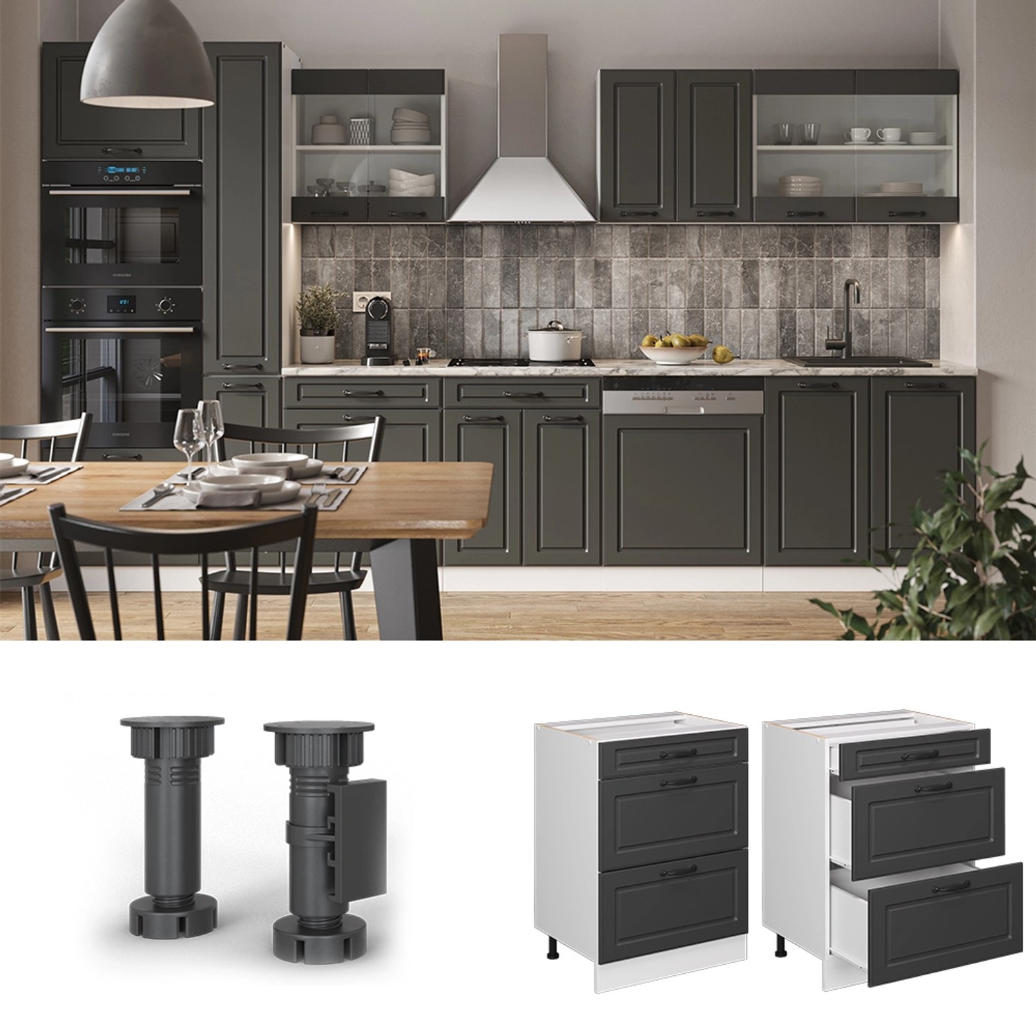 Vicco Küchenunterschrank R-Line, anthrazit/weiß, 60 cm mit Schubladen, Landhausstil.